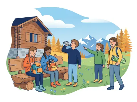 Participe passé und Angleichung: Eine Schulklasse kommt nach einer Wanderung bei einer Berghütte im Wallis an, einige setzen sich auf eine Bank und ziehen die Rucksäcke aus.