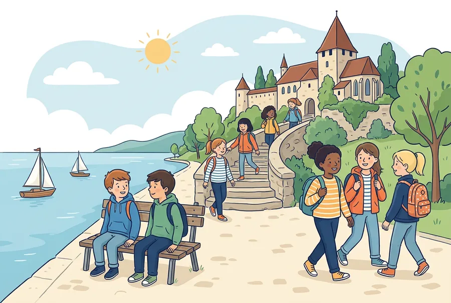 Eine Schulklasse kommt am Seeufer von Neuchâtel an. Einige Mädchen steigen eine Treppe zum Schloss hinauf, zwei Jungen bleiben am See.