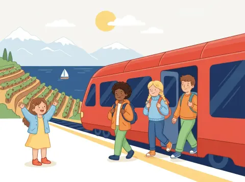 Passé composé mit être: Drei Jugendliche steigen mit Rucksäcken aus einem roten Regionalzug, eine Freundin winkt ihnen vom Perron zu, dahinter Weinberge und der Genfersee.