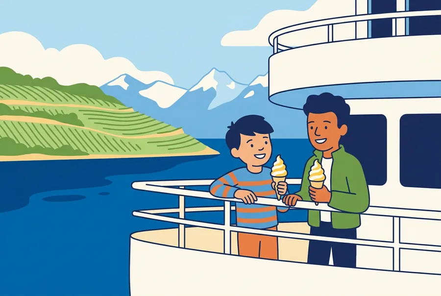 Ein Junge und sein älterer Bruder essen an der Reling eines Schiffs auf dem Genfersee eine Glace, im Hintergrund Weinberge und Berge.