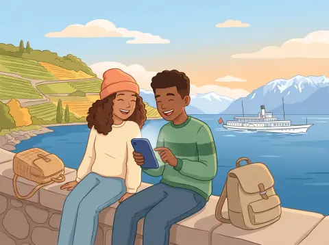 Passé composé: Zwei Jugendliche sitzen nach einem Ausflug am Seeufer, blättern in Ferienfotos auf einem Handy und lachen, im Hintergrund Weinberge und ein Schiff.