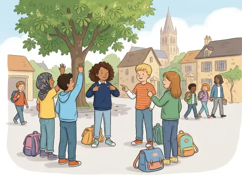 Personalpronomen: Fünf Kinder stehen im Kreis auf einem sonnigen Pausenplatz in Fribourg. Ein Mädchen zeigt auf sich selbst, ein Knabe zeigt auf eine Freundin, zwei andere winken einer Gruppe zu.