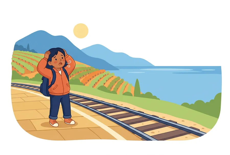 Ein Mädchen mit Rucksack kommt atemlos auf einen leeren Bahnsteig am Genfersee; das Gleis ist leer, der Zug ist schon weg.