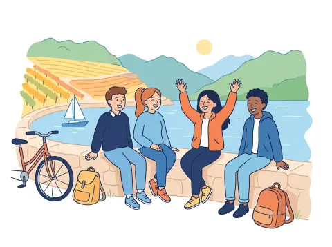 Plus-que-parfait: Jugendliche sitzen am Ufer des Genfersees auf einer Mauer, ein Mädchen erzählt mit grossen Gesten von ihrem Ausflug, die anderen hören zu.