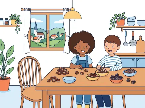 Plus und Minus bis 100: Zwei Kinder sitzen am Küchentisch und legen Kastanien und Tannzapfen zu kleinen Häufchen.