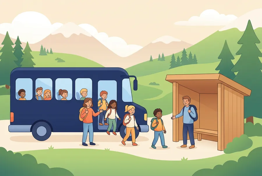 Kinder mit Schulthek steigen an einer Haltestelle in einem Bergdorf aus einem Bus.