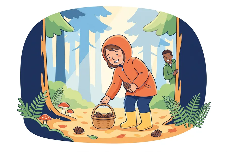 Ein Mädchen sammelt im Tannenwald Tannzapfen und legt sie in einen Korb.