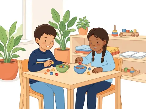 Plus und Minus bis 20: Zwei Kinder sortieren im Schulzimmer bunte Holzperlen in kleine Schalen und lachen dabei.