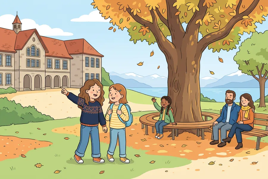 Zwei Mädchen stehen auf einem Pausenplatz unter einem grossen alten Baum, eines zeigt auf das Schulhaus, im Hintergrund ein See.