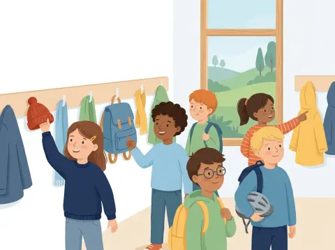 Possessiv- und Demonstrativbegleiter: Kinder in einer Schulgarderobe zeigen auf Jacken, Mützen und Rucksäcke an den Haken und holen sich ihre eigenen Sachen.
