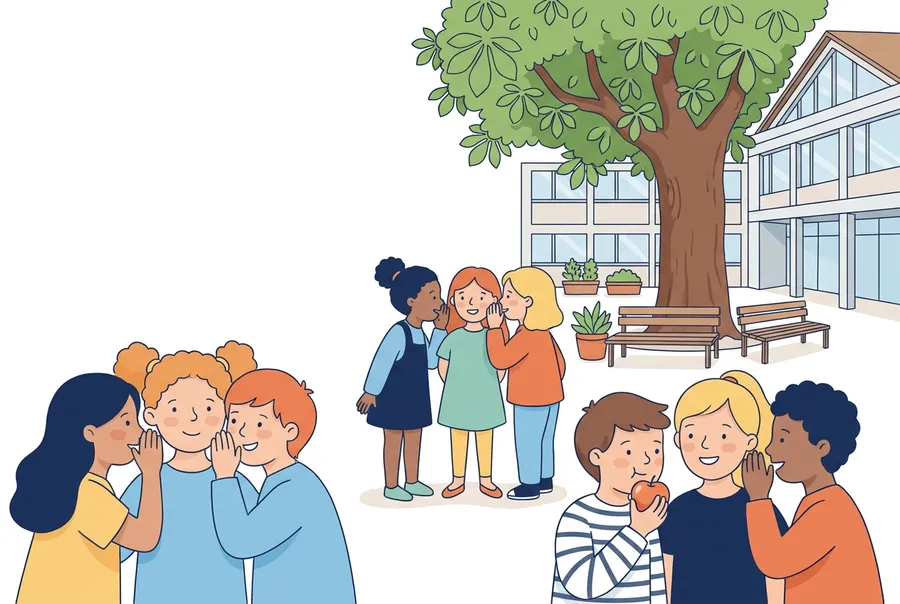 Kinder flüstern sich auf dem Pausenplatz einer Schule gegenseitig etwas ins Ohr.