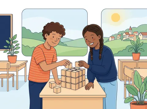 Potenzen und Potenzgesetze: Zwei Jugendliche bauen im Schulzimmer aus kleinen Holzwürfeln einen grossen Würfel.