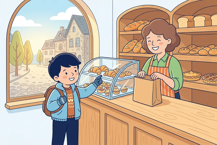 Ein Junge steht an der Theke einer Bäckerei und zeigt freundlich auf die Croissants, die Bäckerin lächelt ihn an.