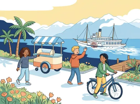 pouvoir, vouloir, devoir: Drei Jugendliche an der Seepromenade von Montreux: Eines zeigt auf einen Glacewagen, eines winkt Richtung Schiff, das gleich ablegt.