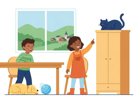 Präpositionen und Konjunktionen: Zwei Kinder in einer Stube: Eine Katze sitzt auf dem Schrank, ein Hund liegt unter dem Tisch, daneben rollt ein Ball.
