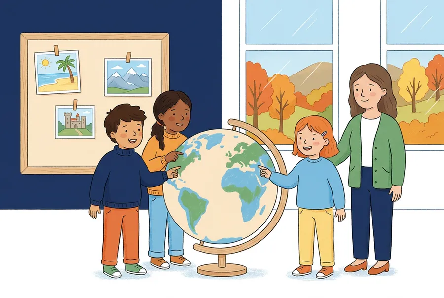 Kinder stehen in einem hellen Schulzimmer um einen Globus und zeigen auf verschiedene Stellen, an einer Pinnwand hängen Bilder von Strand, Bergen und einem Schloss.