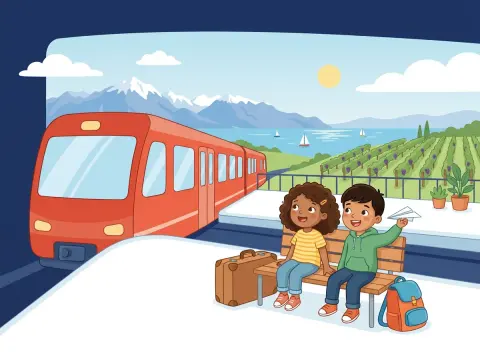 Präpositionen: à, en, au und Ortsangaben: Zwei Kinder sitzen mit Koffern und Rucksäcken auf einer Bank am Bahnhof am Genfersee und schauen einem einfahrenden roten Zug entgegen.