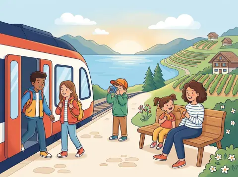 prendre konjugieren: Morgen an einem kleinen Bahnhof am Genfersee: Jugendliche steigen in einen roten Zug, ein Junge fotografiert den See, eine Familie frühstückt auf einer Bank.