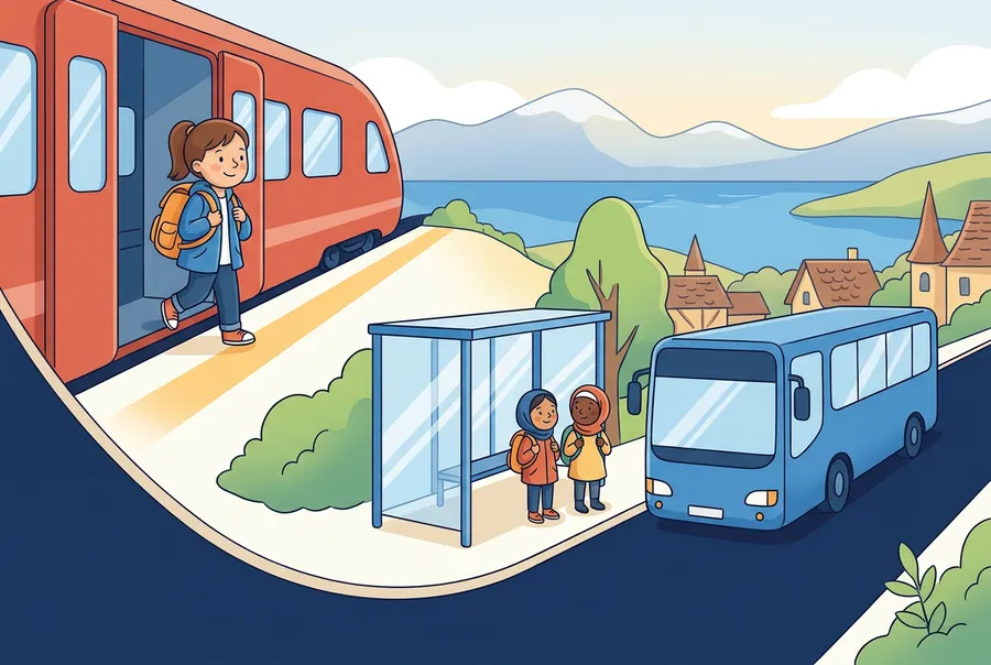 Ein Mädchen mit Schulrucksack steigt am Morgen aus dem Zug, unten an der Strasse warten zwei Freundinnen auf den Bus, dahinter der Genfersee.