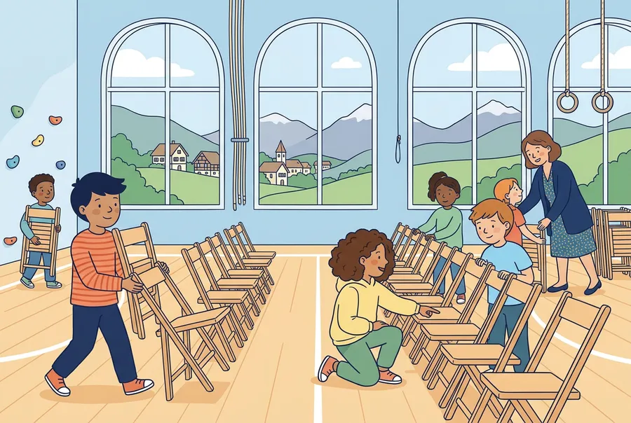 Kinder einer Primarschulklasse stellen in der Turnhalle Klappstühle in Reihen auf, durch die Fenster sieht man Berge.