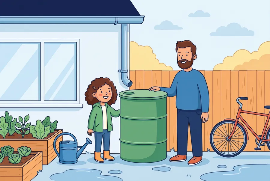 Ein Mädchen und sein Vater stehen im Garten neben der grünen Regentonne unter dem Ablaufrohr des Hauses.