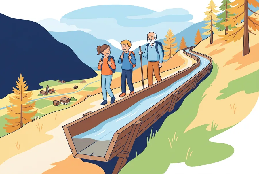 Zwei Kinder wandern mit ihrem Grossvater an einer Suone entlang, die Wasser über einen steilen Berghang im Wallis führt. Vorne sieht man: Die Holzrinne ist oben breiter als unten.