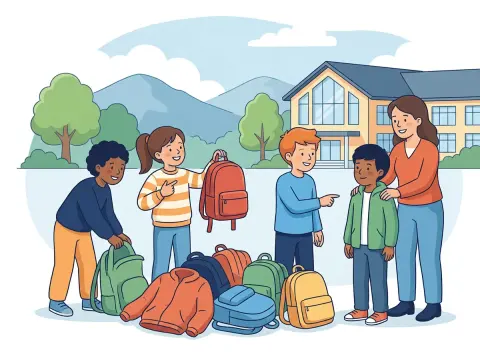 Pronomen: Kinder auf einem Pausenplatz sortieren ihre Rucksäcke und Jacken. Ein Mädchen hält einen roten Rucksack hoch und zeigt auf sich.