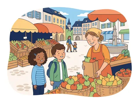 Proportionalität und Dreisatz: Zwei Kinder kaufen an einem Marktstand in der Altstadt Äpfel, die Marktfrau füllt einen Papiersack.