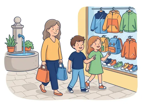 Prozentrechnung: Zwei Kinder und ihre Mutter bummeln mit Einkaufstaschen durch eine Altstadtgasse und schauen in ein Schaufenster.