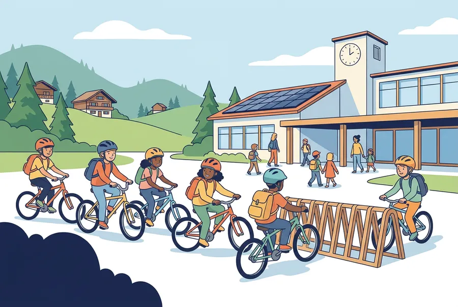 Kinder kommen am Morgen mit dem Velo zur Schule und stellen ihre Velos beim Schulhaus ab.