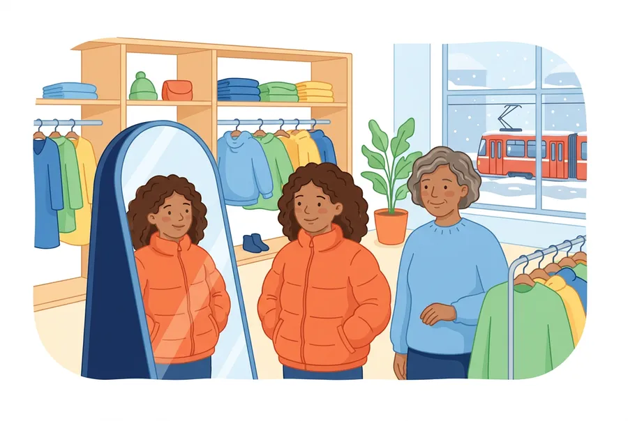 Eine Jugendliche probiert in einem Kleidergeschäft eine orange Winterjacke an, eine ältere Frau steht lächelnd daneben.