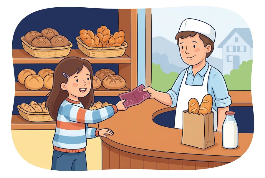 Ein Mädchen gibt in einer kleinen Dorfbäckerei dem Bäcker eine Note. Auf der Theke stehen eine Tüte mit Brötli und eine Flasche Milch.