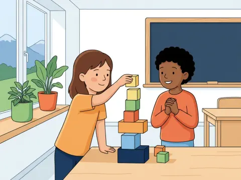Punkt vor Strich und Klammerregeln: Zwei Kinder bauen im Schulzimmer vorsichtig einen Turm aus farbigen Holzklötzen, Schritt für Schritt.