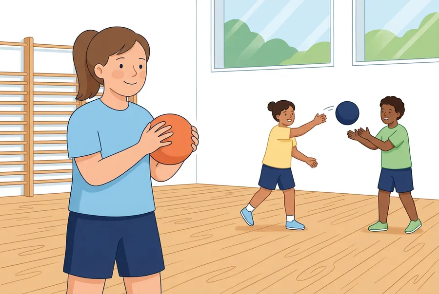 Ein Mädchen hält in einer Turnhalle einen Handball mit beiden Händen.