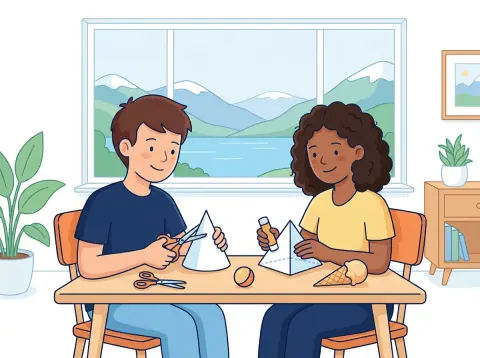 Pyramide, Kegel und Kugel: Zwei Jugendliche basteln am Tisch Papiermodelle einer Pyramide und eines Kegels, daneben liegen ein Ball und ein Glace-Cornet.