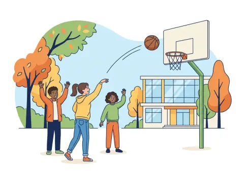 Quadratische Gleichungen: Eine Jugendliche wirft auf dem Pausenplatz einen Basketball in hohem Bogen zum Korb, zwei Mitschüler schauen gespannt zu.
