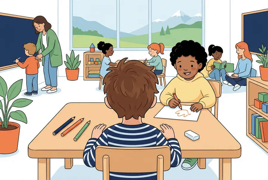 Blick über die Schulter eines Kindes, das am Tisch sitzt. Links von ihm liegen 3 Farbstifte, rechts ein Radiergummi. Gegenüber sitzt ein anderes Kind und zeichnet.
