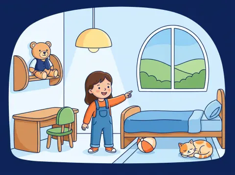 Raumlage: links, rechts, oben, unten: Ein Mädchen steht in seinem Kinderzimmer und zeigt zur Seite. Der Teddy sitzt oben im Regal, ein Ball liegt unter dem Bett, die Lampe hängt über dem Mädchen.