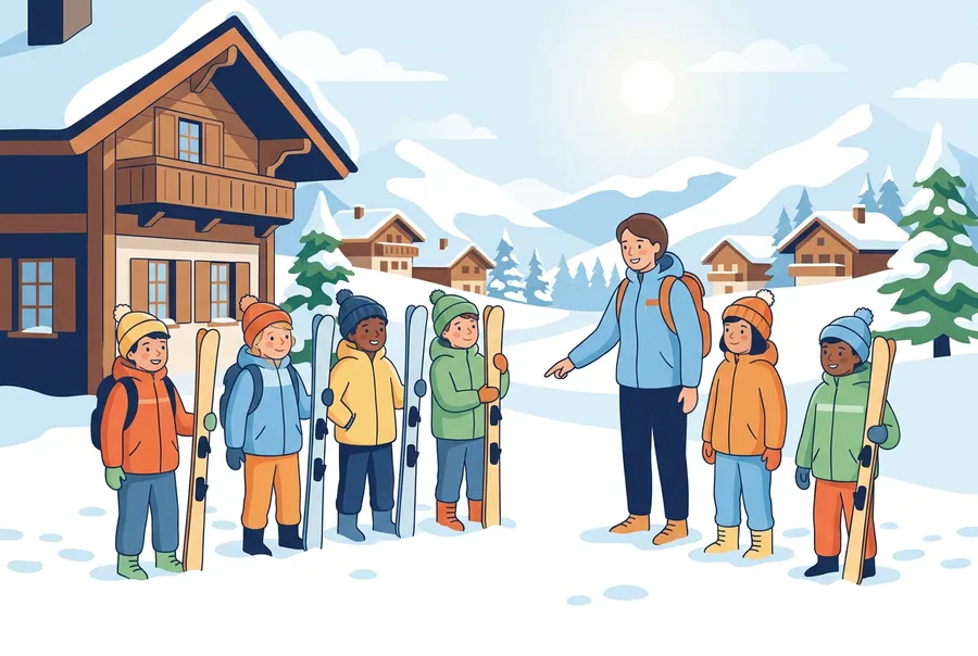 Eine Schulklasse steht mit ihrer Lehrperson im Schnee vor einem Holzhaus, einige Kinder halten Ski.