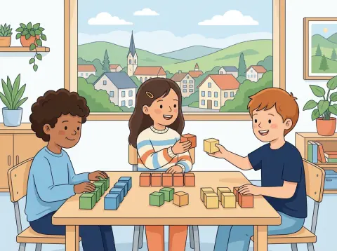 Rechengesetze (Kommutativ-, Assoziativ-, Distributivgesetz): Drei Kinder sortieren am Schultisch fröhlich bunte Holzklötze in Reihen und Gruppen.