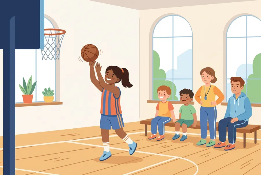Ein Mädchen wirft in der Turnhalle einen Freiwurf auf den Basketballkorb, andere Kinder schauen zu.