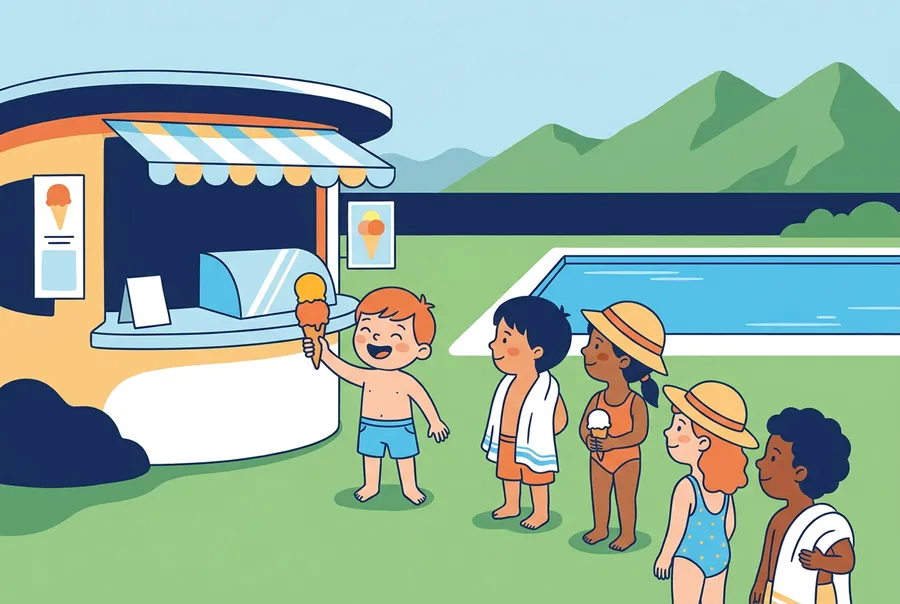 Kinder in Badekleidern stehen in der Badi an einem kleinen Glacestand an, daneben liegt das Schwimmbecken.