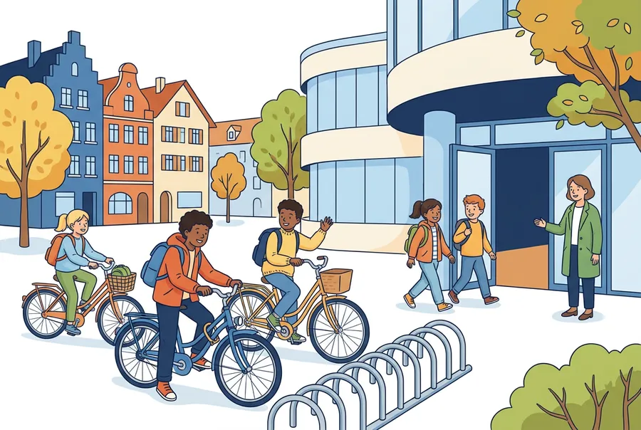 Mehrere Kinder kommen am Morgen mit dem Velo beim Schulhaus an und stellen es beim Veloständer ab.