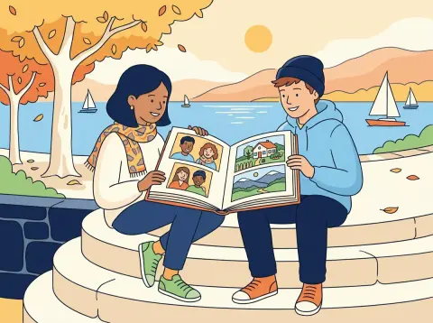 Relativpronomen qui, que, où: Zwei Jugendliche sitzen an der Seepromenade in Neuchâtel und schauen sich gemeinsam ein Fotoalbum mit Bildern von Freunden, einem Haus und den Bergen an.