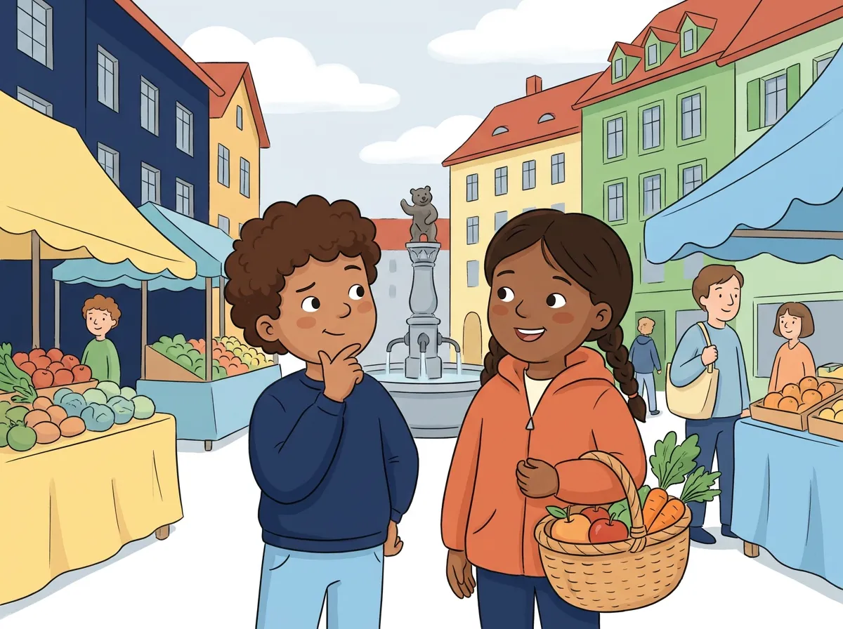 Zwei Kinder stehen mit einem Einkaufskorb auf einem Wochenmarkt in einer Schweizer Altstadt und schauen nachdenklich auf die Marktstände.