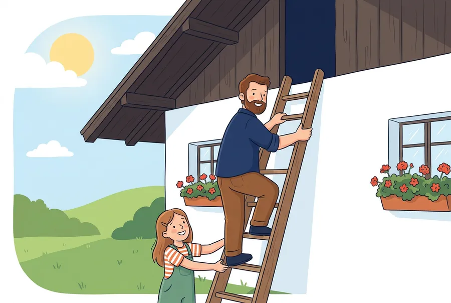 Ein Vater steigt eine Holzleiter an einem Bauernhaus hoch, seine Tochter hält die Leiter unten fest.