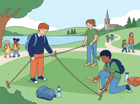 Satz des Pythagoras: Drei Jugendliche spannen in einem Park ein Seil schräg über eine Wiese, einer prüft die Ecke mit dem Doppelmeter.