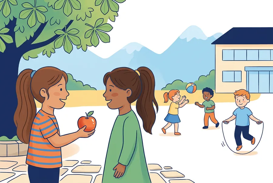 Ein Mädchen gibt auf dem Pausenplatz einer Freundin einen roten Apfel, beide lachen, im Hintergrund spielen Kinder.