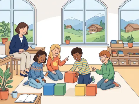 Satzglieder und Verbenfächer: Kinder ordnen im Schulzimmer grosse farbige Bauklötze in einer Reihe am Boden neu an, eine Lehrerin schaut lächelnd zu.