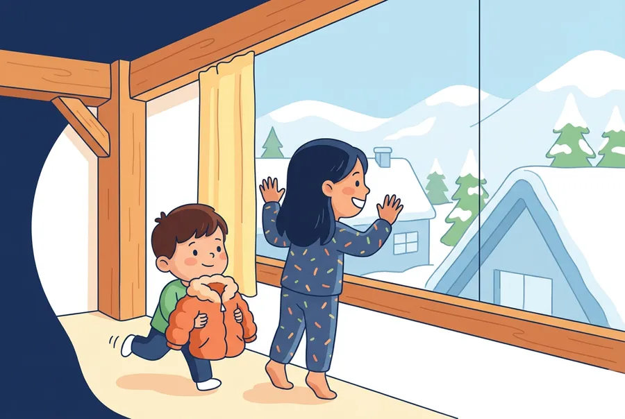 Ein Mädchen im Pyjama steht am Fenster und schaut begeistert auf frischen Schnee. Ihr kleiner Bruder kommt mit einer warmen Jacke ins Zimmer gerannt.